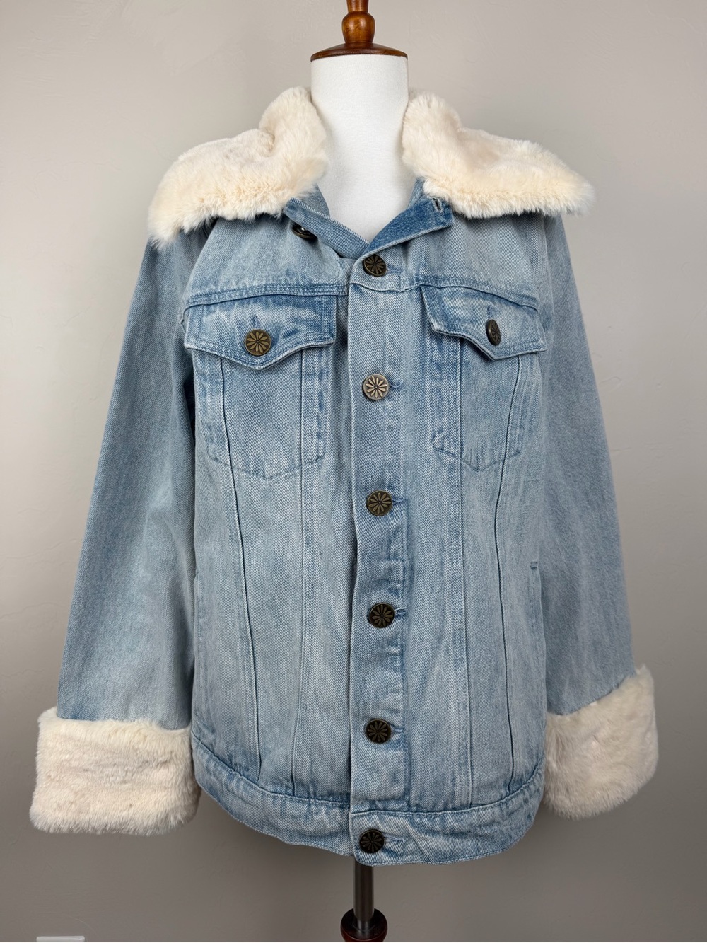 Show Me Your MuMu Denver Denim Jacket with Cream Faux Fur Trim